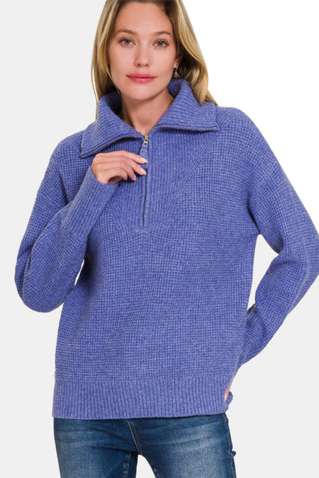 Zenana Half Zip Long Sleeve Sweater - S. M. & Co.