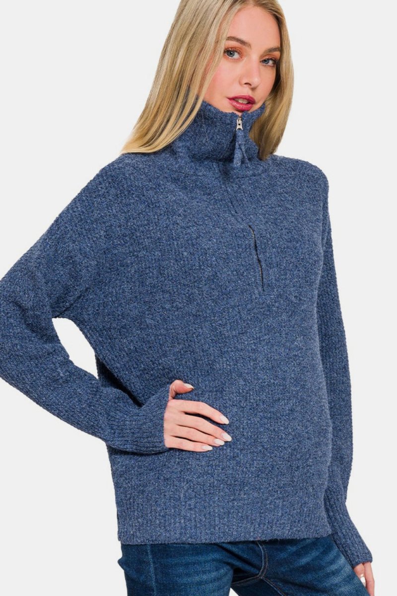 Zenana Half Zip Long Sleeve Sweater - S. M. & Co.