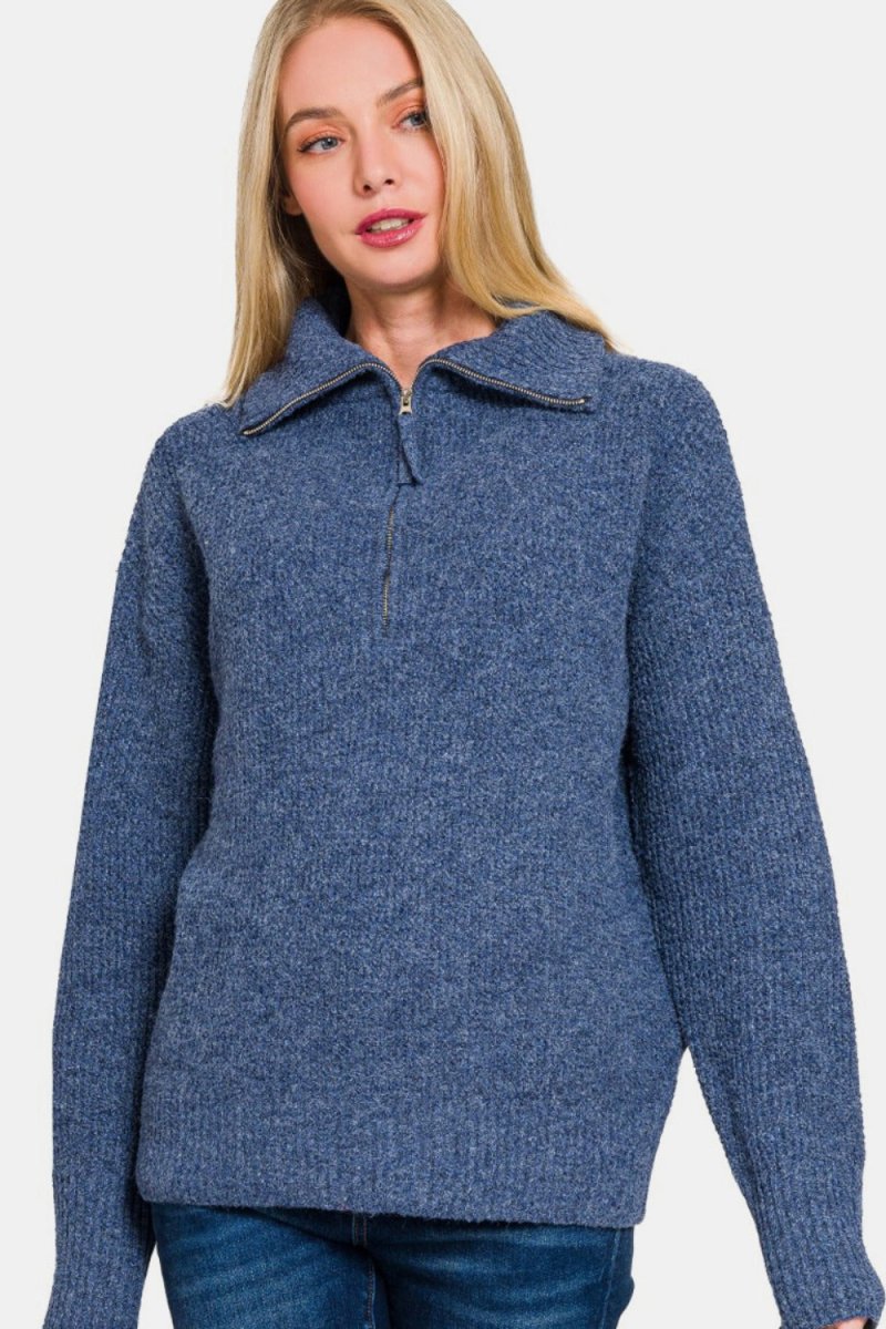 Zenana Half Zip Long Sleeve Sweater - S. M. & Co.