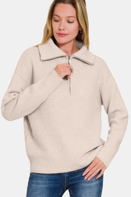 Zenana Half Zip Long Sleeve Sweater - S. M. & Co.