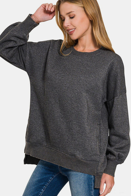 Zenana High - Low Acid Wash Fleece Sweatshirt - S. M. & Co.