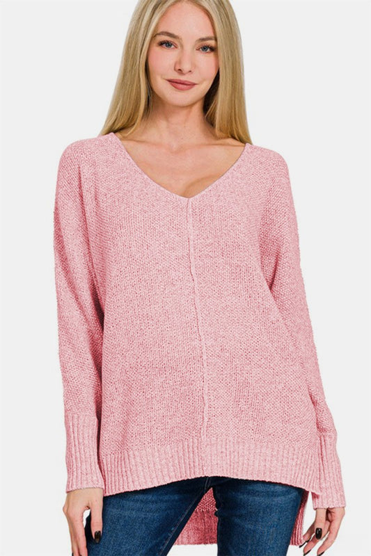 Zenana High - Low Center Seam V - Neck Sweater - S. M. & Co.