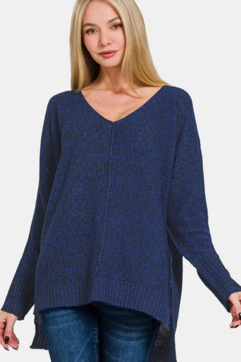 Zenana High - Low Center Seam V - Neck Sweater - S. M. & Co.