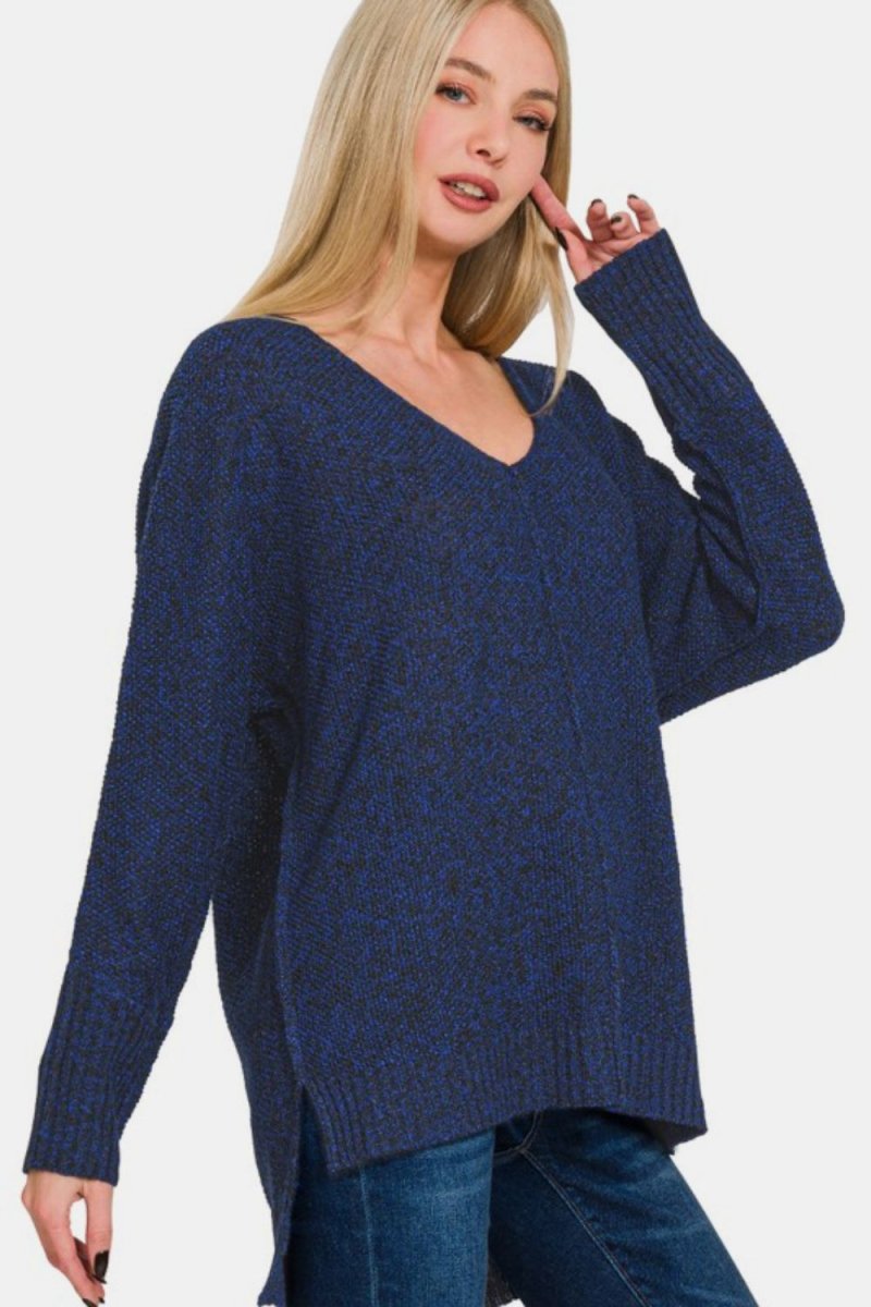 Zenana High - Low Center Seam V - Neck Sweater - S. M. & Co.