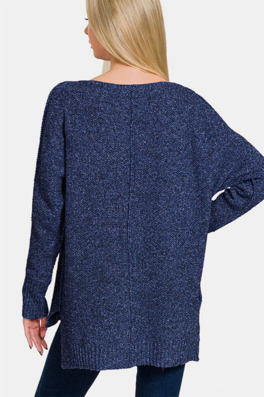 Zenana High - Low Center Seam V - Neck Sweater - S. M. & Co.