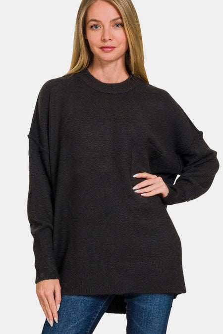 Zenana High - Low Hem Drop Shoulder Sweater - S. M. & Co.