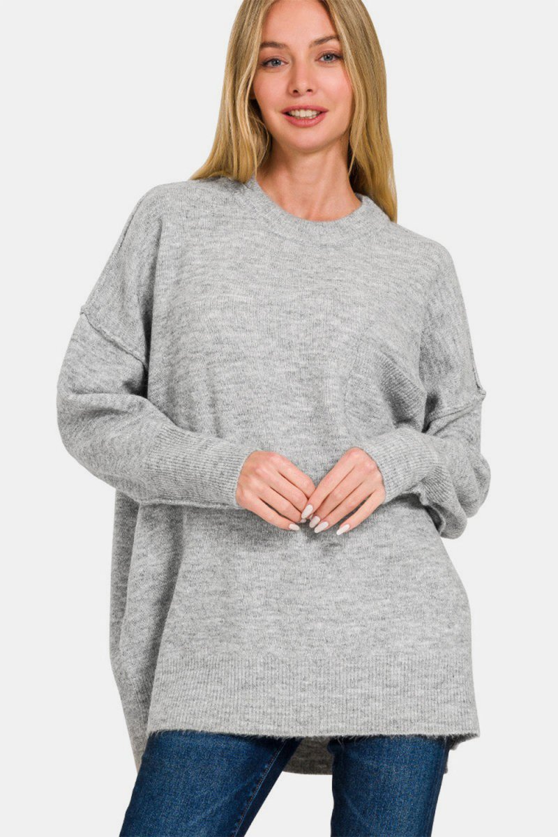 Zenana High Low Hem Drop Shoulder Sweater