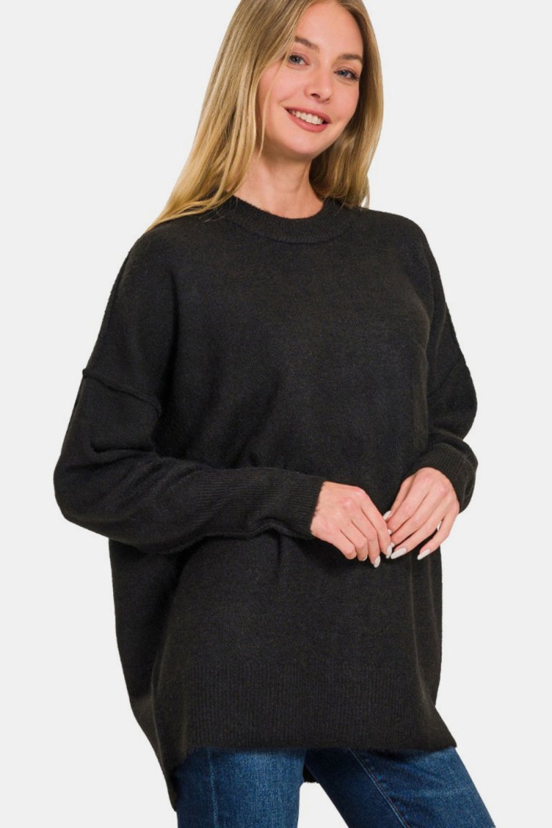 Zenana High - Low Hem Drop Shoulder Sweater - S. M. & Co.