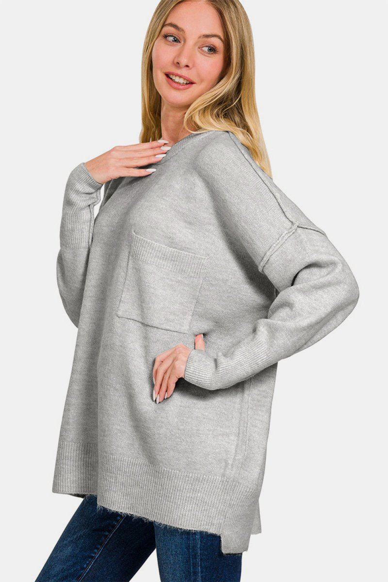 Zenana High - Low Hem Drop Shoulder Sweater - S. M. & Co.