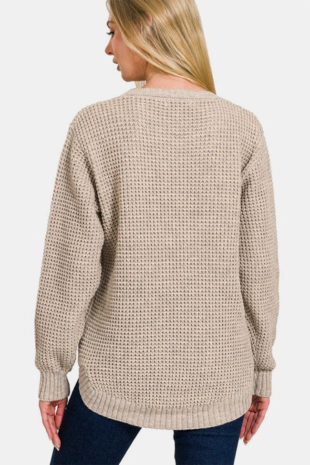 Zenana High Low Long Sleeve Waffle Sweater - S. M. & Co.