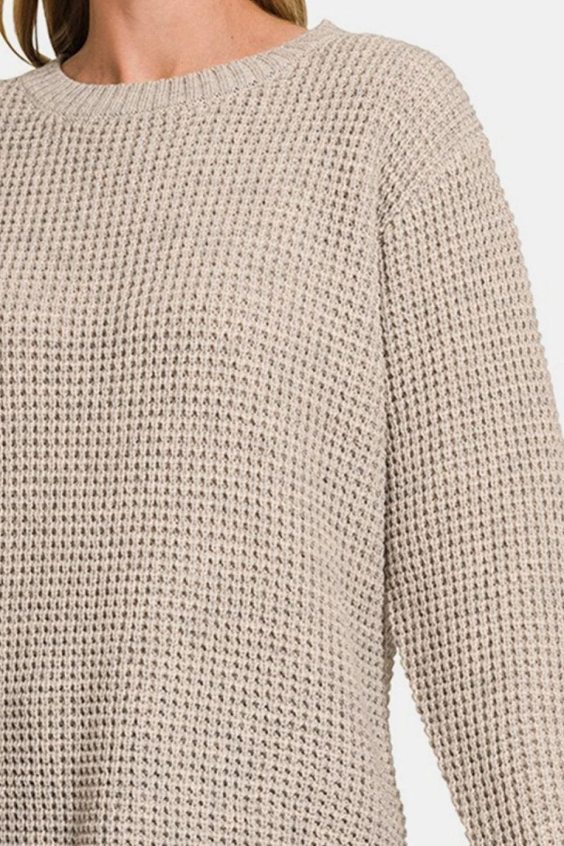 Zenana High Low Long Sleeve Waffle Sweater - S. M. & Co.