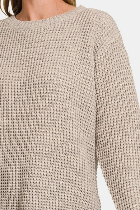 Zenana High Low Long Sleeve Waffle Sweater - S. M. & Co.