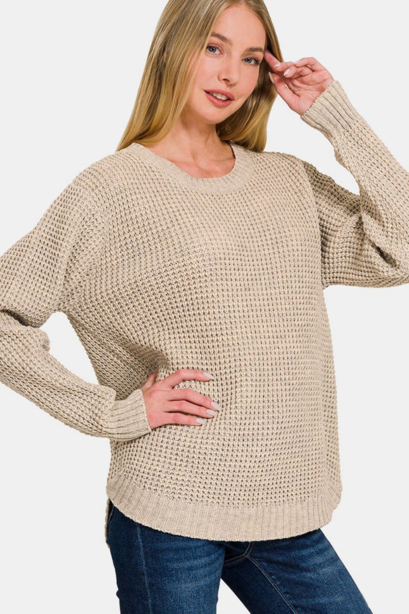 Zenana High Low Long Sleeve Waffle Sweater - S. M. & Co.