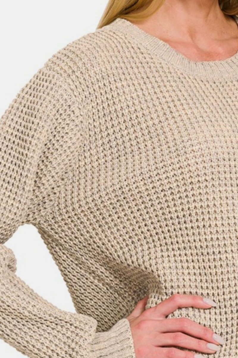 Zenana High Low Long Sleeve Waffle Sweater - S. M. & Co.