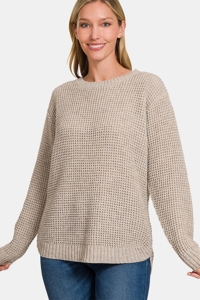 Zenana High Low Long Sleeve Waffle Sweater - S. M. & Co.