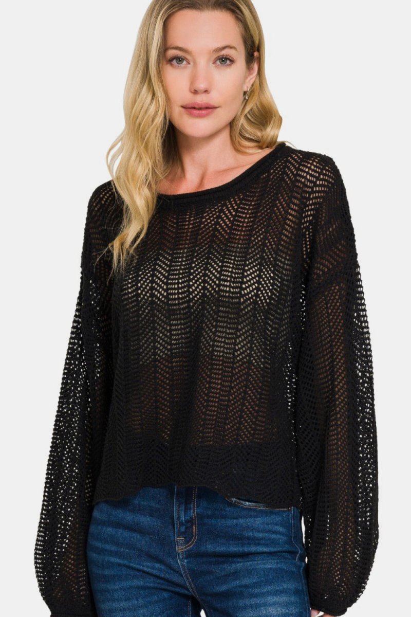 Zenana Hollow Out Long Sleeve Knit Cover Up - S. M. & Co.