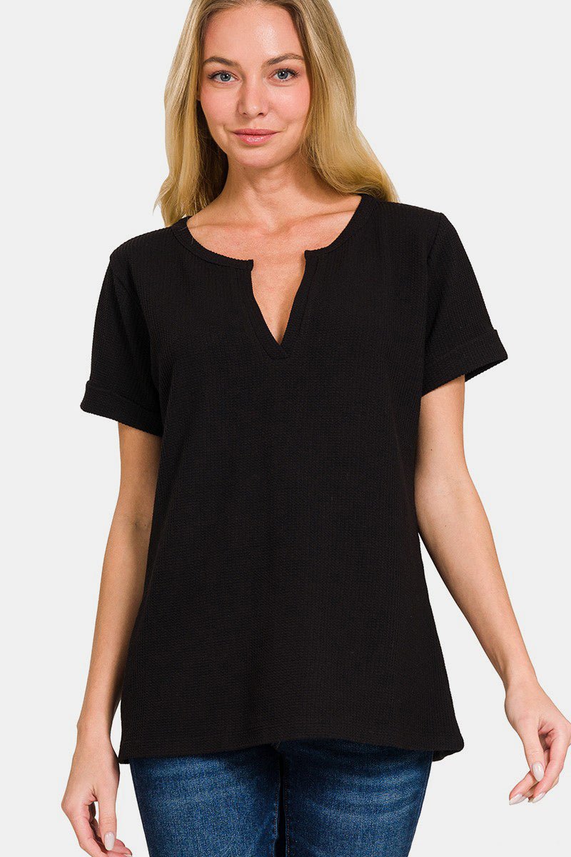 Zenana Notched Short Sleeve Waffle T-Shirt - AnAs Market