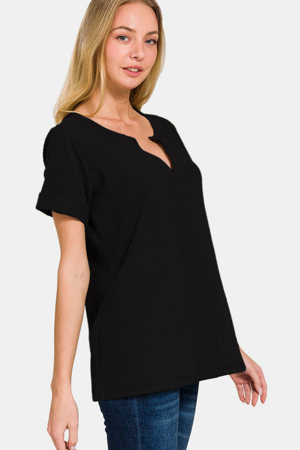 Zenana Notched Short Sleeve Waffle T-Shirt - AnAs Market