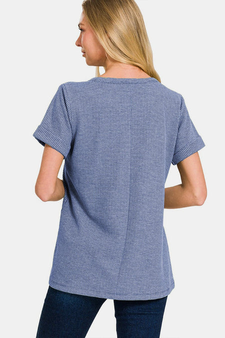 Zenana Notched Short Sleeve Waffle T-Shirt - AnAs Market