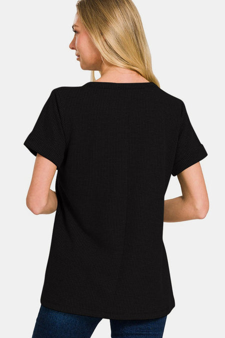 Zenana Notched Short Sleeve Waffle T-Shirt - AnAs Market