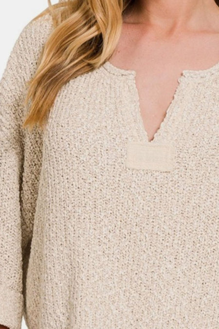 Zenana Notched Side Slit Patch Sweater - S. M. & Co.