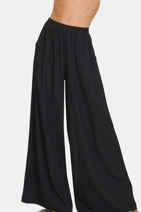 Zenana Pleated Linen Blend Wide Leg Pants - AnAs Market