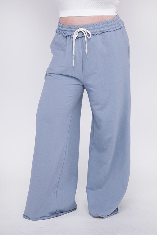 Zenana Plus F/Terry Drawstring Waist Raw Edge Hem Pants - S. M. & Co.