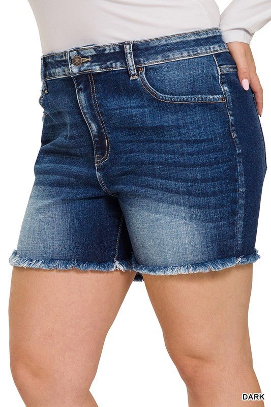 Zenana Plus Midi Raw Frayed Hem Denim Shorts - S. M. & Co.