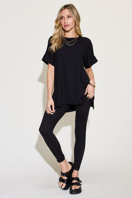 Zenana Plus Size Short Sleeve Slit T-Shirt and Leggings Lounge Set - AnAs Market