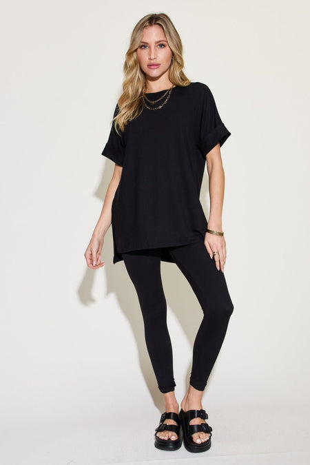 Zenana Plus Size Short Sleeve Slit T-Shirt and Leggings Lounge Set - AnAs Market