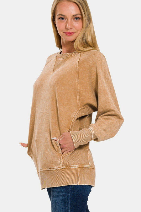 Zenana Pocketed Round Neck Sweatshirt - S. M. & Co.