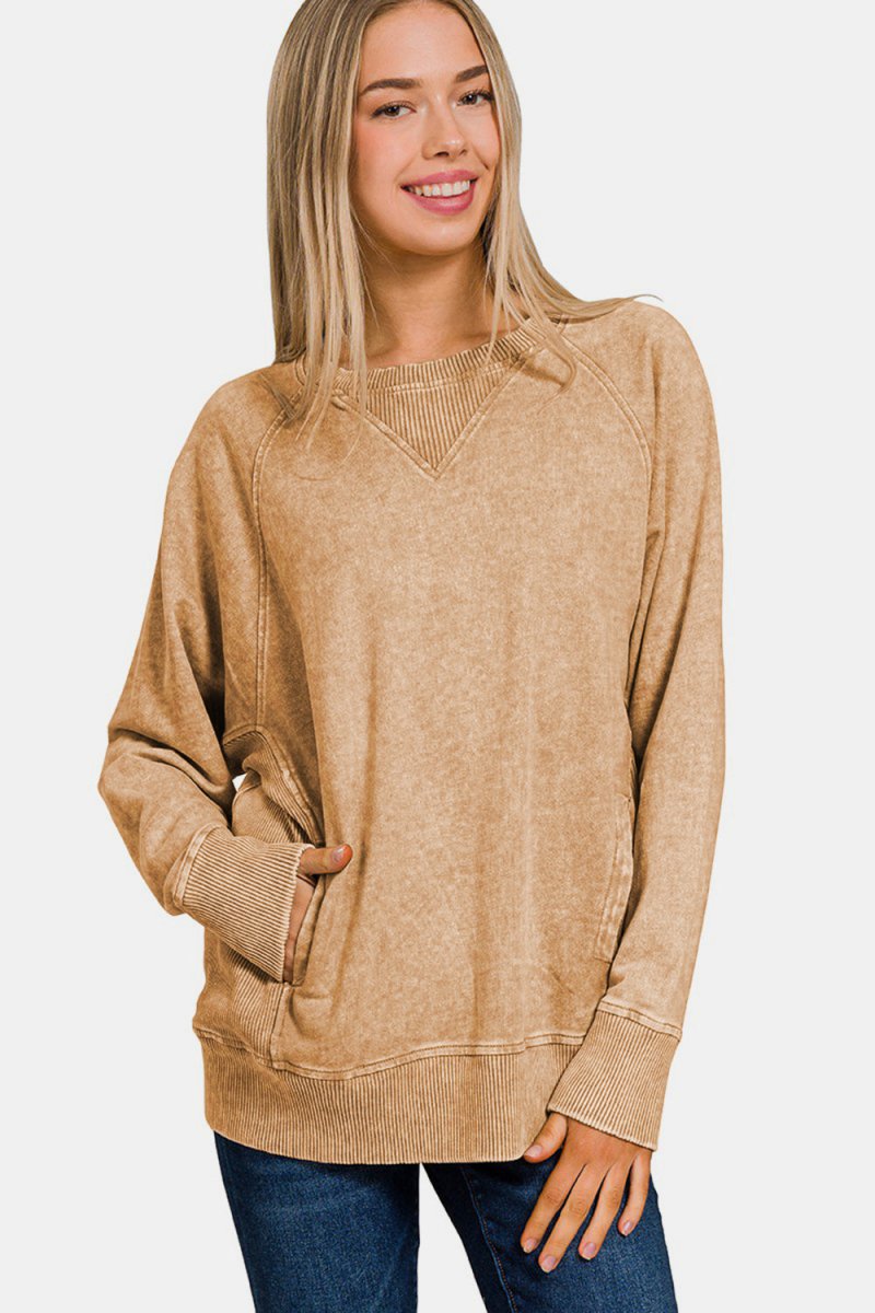 Zenana Pocketed Round Neck Sweatshirt - S. M. & Co.