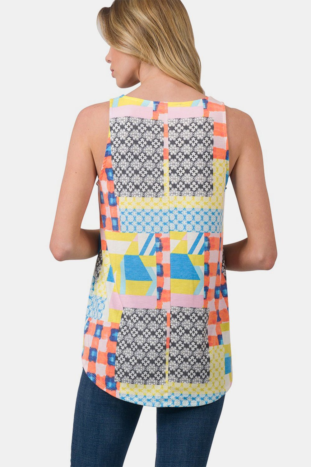 Zenana Printed Round Neck Curved Hem Tank - AnAs Market