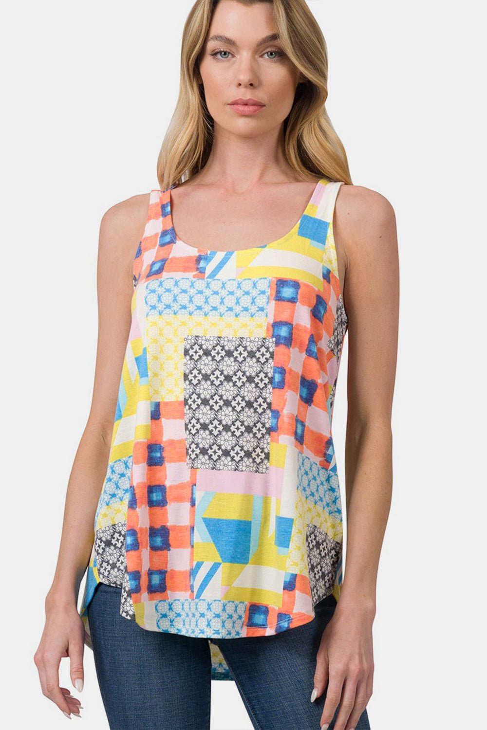 Zenana Printed Round Neck Curved Hem Tank - AnAs Market