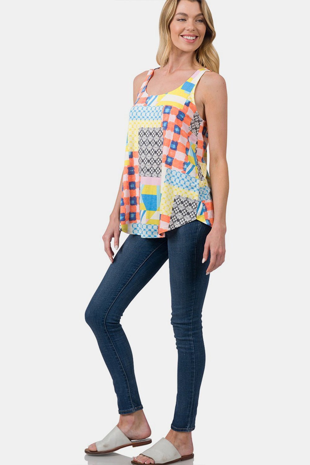 Zenana Printed Round Neck Curved Hem Tank - AnAs Market