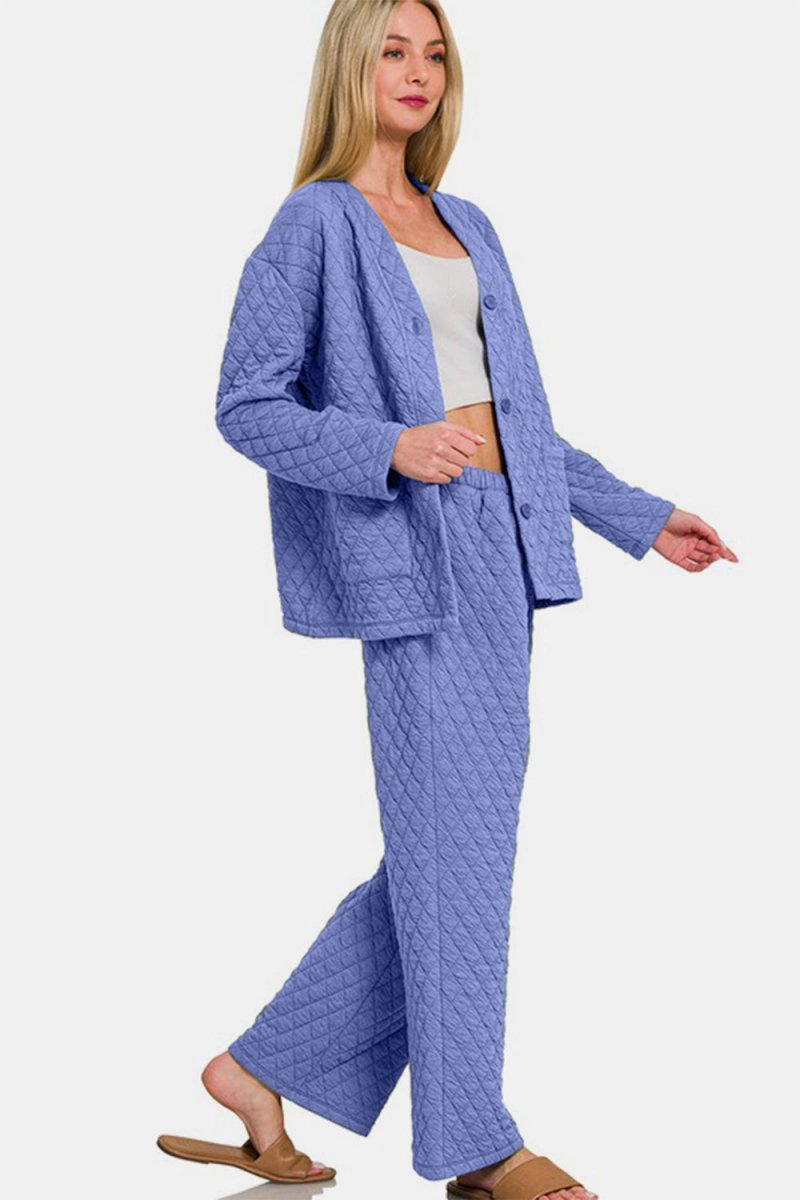 Zenana Quilted Button Up Long Sleeve Top and Pants Lounge Set - S. M. & Co.