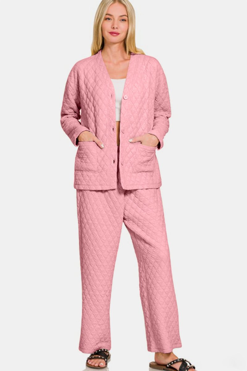 Zenana Quilted Button Up Long Sleeve Top and Pants Lounge Set - S. M. & Co.