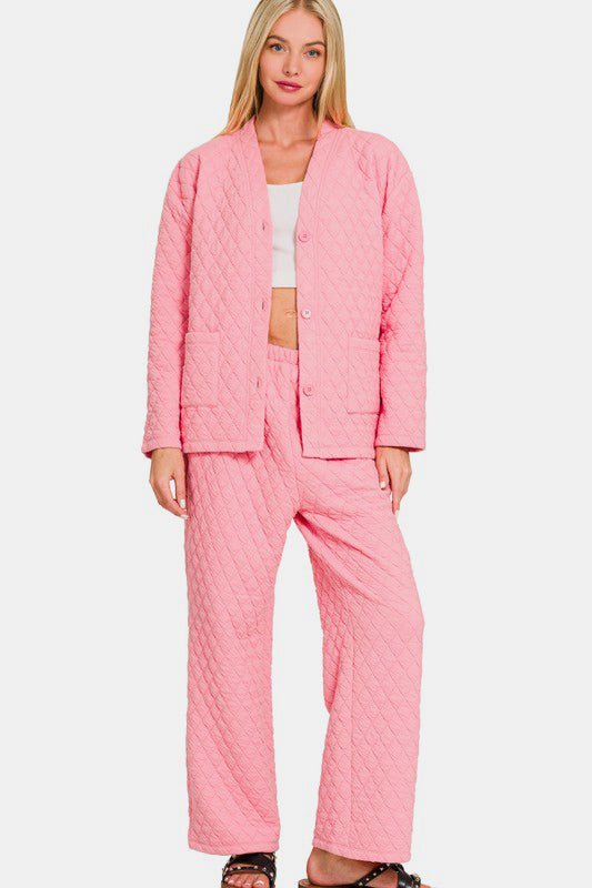 Zenana Quilted Button Up Long Sleeve Top and Pants Lounge Set - S. M. & Co.