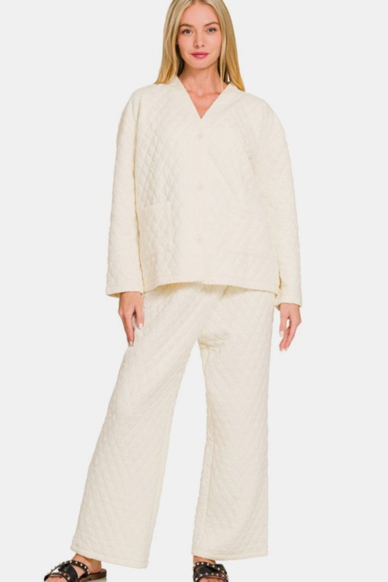 Zenana Quilted Button Up Long Sleeve Top and Pants Lounge Set - S. M. & Co.