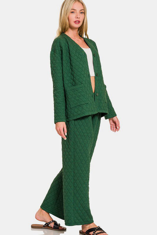 Zenana Quilted Button Up Long Sleeve Top and Pants Lounge Set - S. M. & Co.