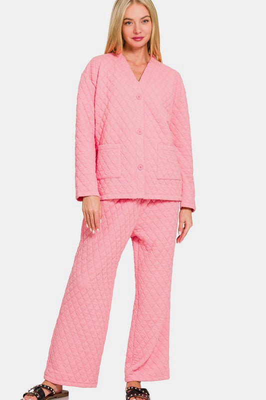 Zenana Quilted Button Up Long Sleeve Top and Pants Lounge Set - S. M. & Co.