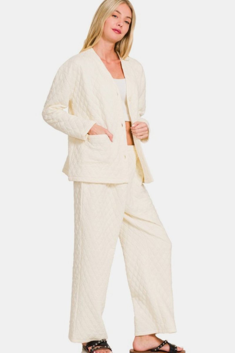 Zenana Quilted Button Up Long Sleeve Top and Pants Lounge Set - S. M. & Co.