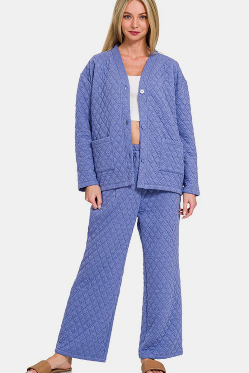 Zenana Quilted Button Up Long Sleeve Top and Pants Lounge Set - S. M. & Co.