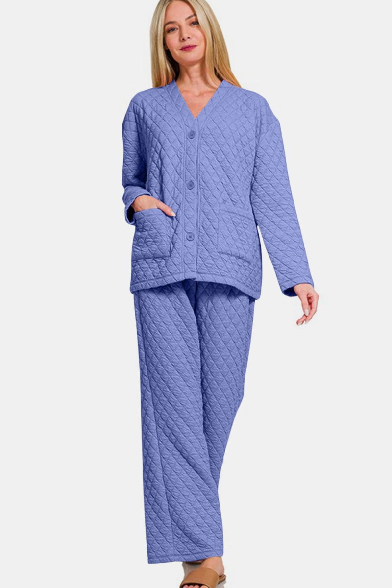 Zenana Quilted Button Up Long Sleeve Top and Pants Lounge Set - S. M. & Co.