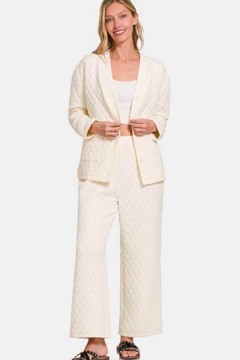 Zenana Quilted Button Up Long Sleeve Top and Pants Lounge Set - S. M. & Co.