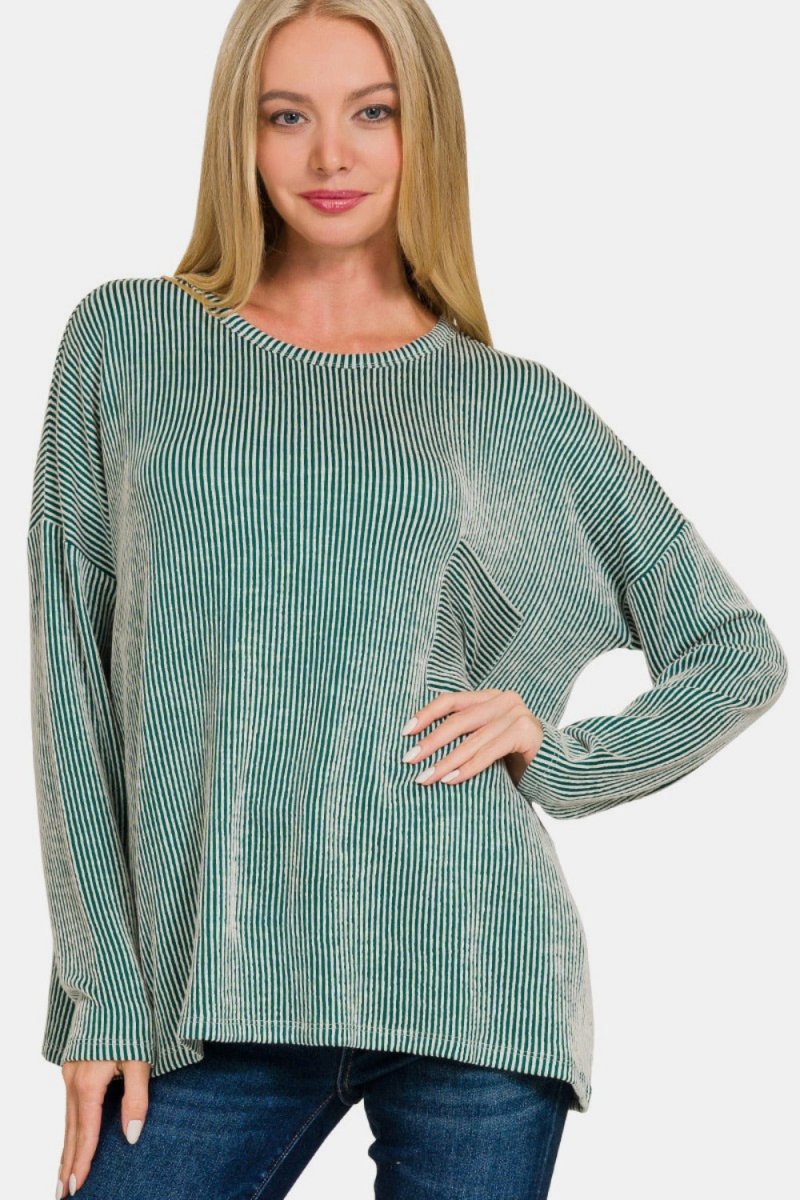 Zenana Ribbed Striped Long Sleeve T-Shirt - S. M. & Co.