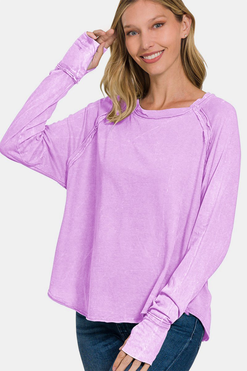 Zenana Round Neck Thumbhole Long Sleeve T-Shirt - S. M. & Co.