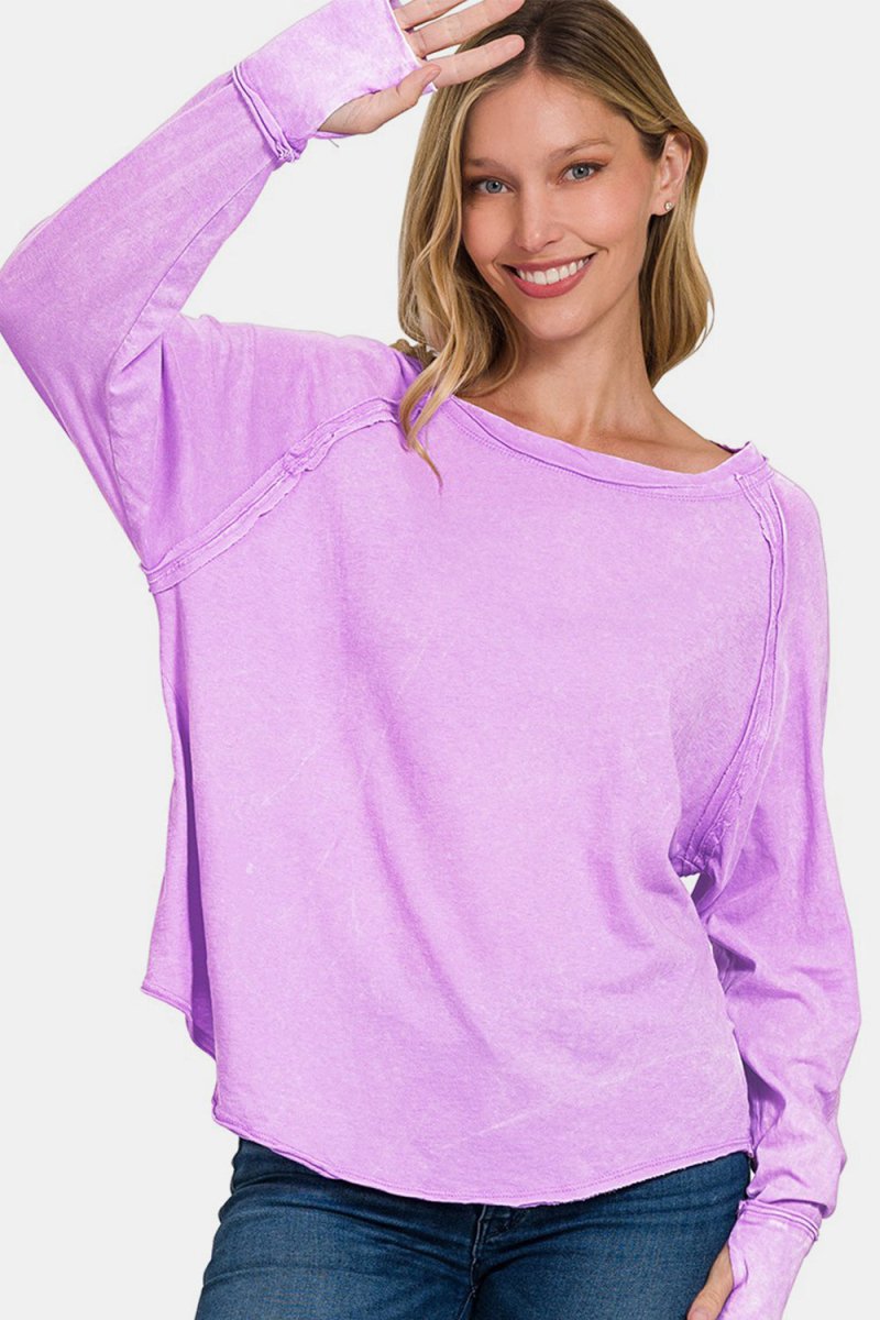 Zenana Round Neck Thumbhole Long Sleeve T-Shirt - S. M. & Co.