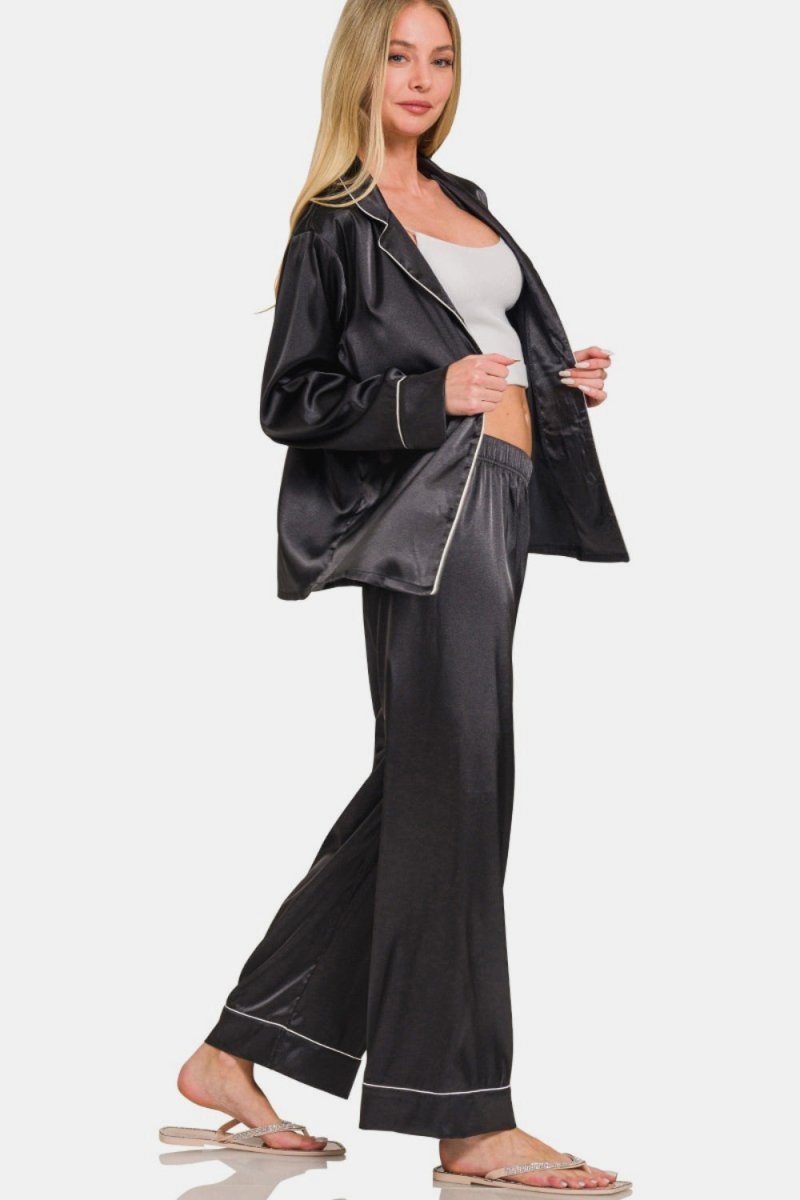 Zenana Satin Long Sleeve Shirt and Pants Pajama Set - S. M. & Co.