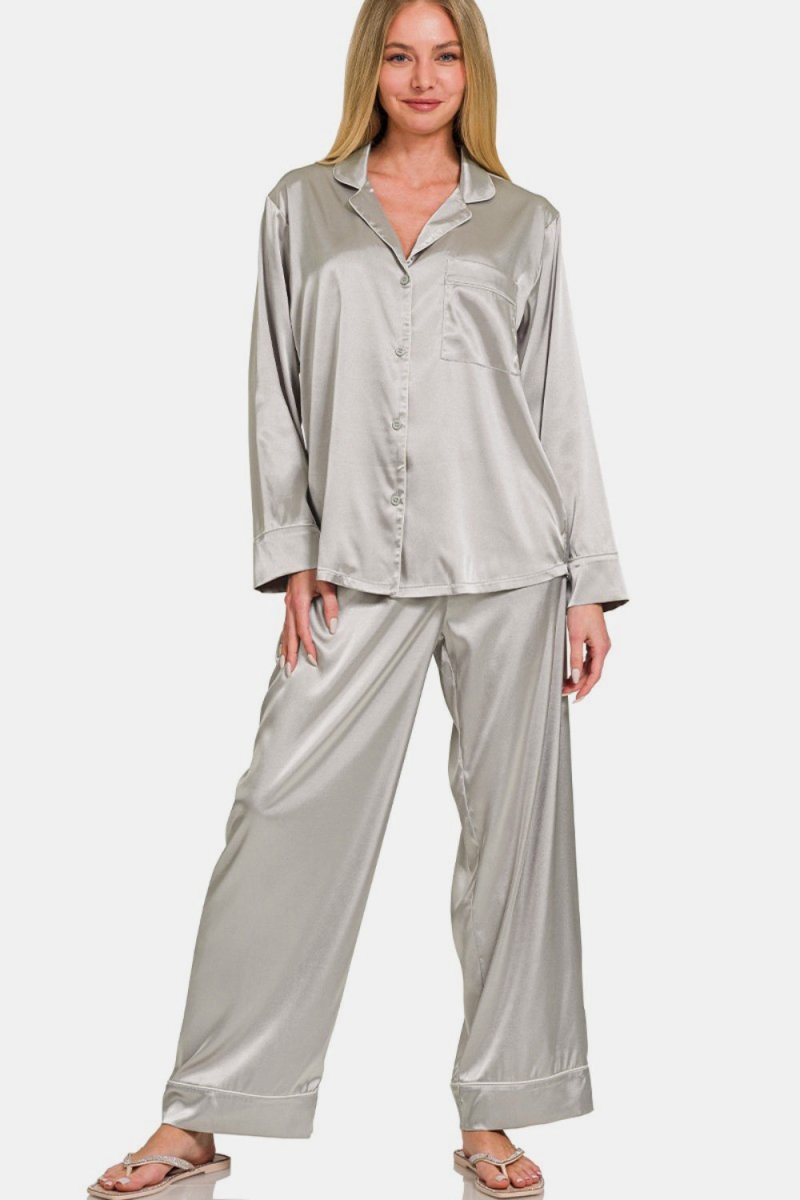 Zenana Satin Long Sleeve Shirt and Pants Pajama Set - S. M. & Co.